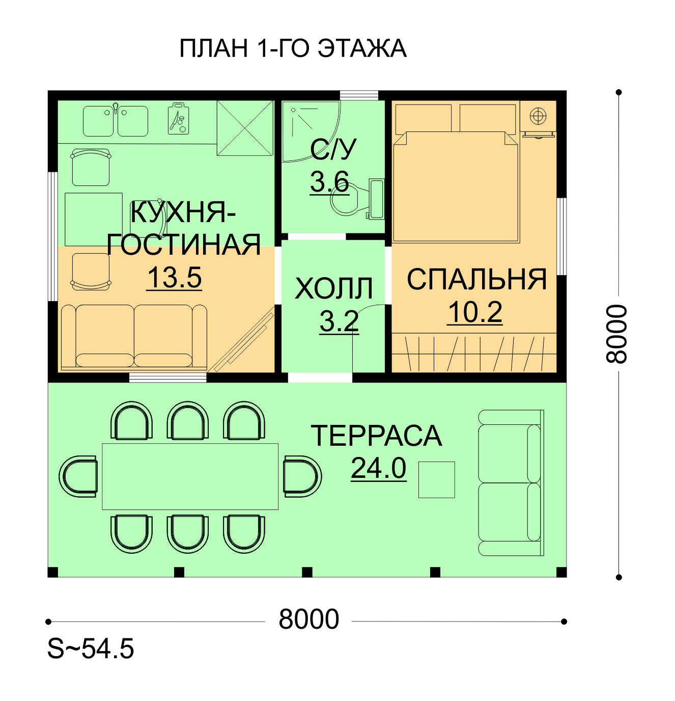 Проект ССК-55 ОТ — дом 8х7,5 54.5 кв.м. — до 80 кв.м. от ССК-ДОМ